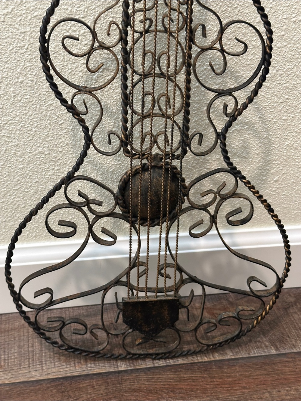 Ornate Metal Guitar Wall Sculpture in Black with distressed Bronze accents - Picture 6 of 8